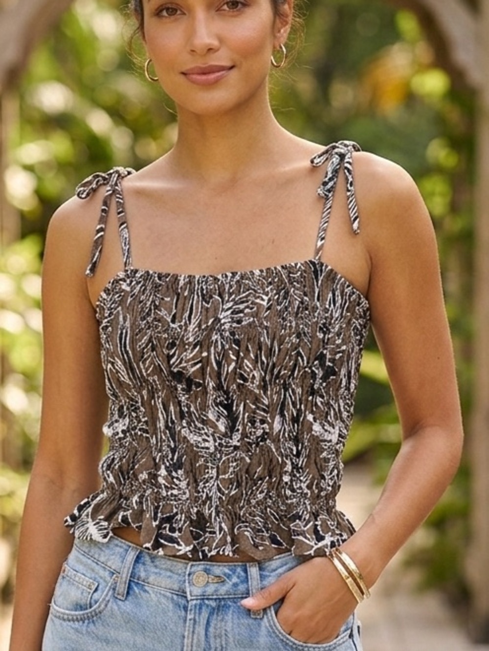 Habitual Brown Black White Smocked Tie-Strap Cami